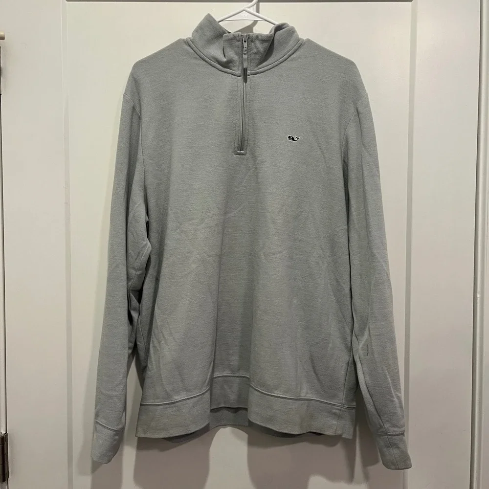 Vineyard Vines Mens Large Grey Pique Cotton Blend Quarter Zip Pullover Sweater